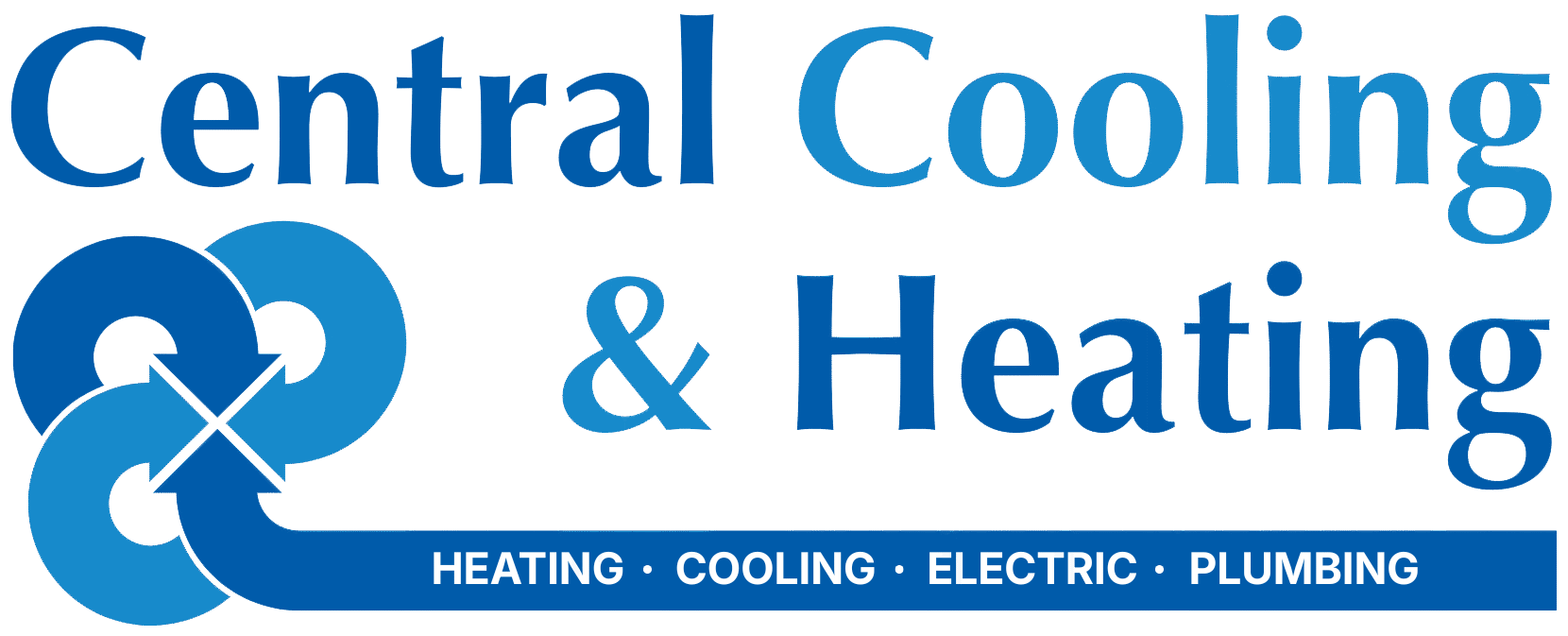 Central Cooling & Heating logo with a blue circular icon and text listing services: heating, cooling, electric, and plumbing.