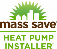 Logo with green sunburst, cityscape silhouette, and the text "mass save® HEAT PUMP INSTALLER" in brown and green, highlighting available financing plan options.