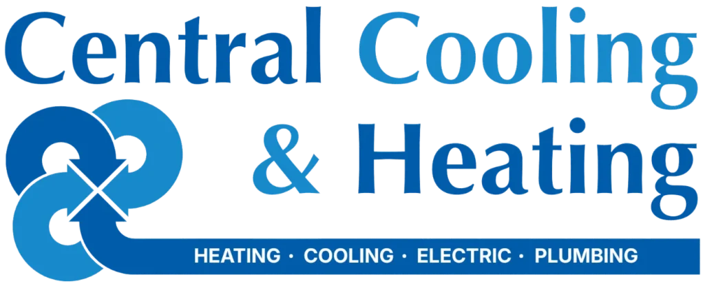 Logo for Central Cooling & Heating with blue text and a graphic, listing services: heating, cooling, electric, and plumbing.