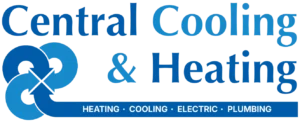 Logo for Central Cooling & Heating with blue text and a graphic, listing services: heating, cooling, electric, and plumbing.