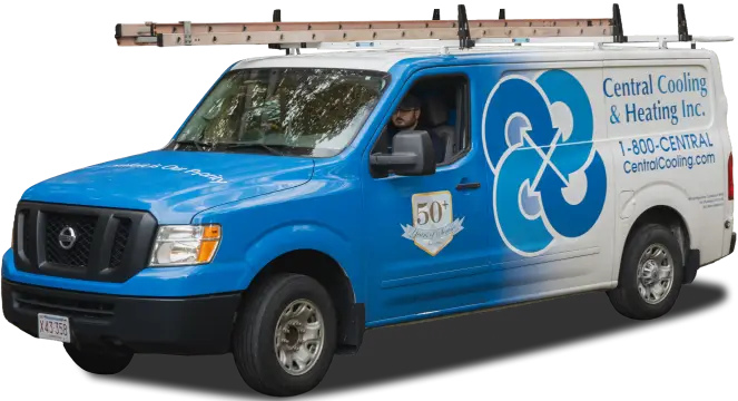 A Central Cooling & Heating Inc. service van with company branding and a ladder mounted on the roof is parked, with a driver visible inside.