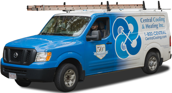 A Central Cooling & Heating Inc. service van with a roof ladder, company logo, and contact info on the side, parked on a street.