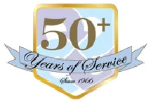 A gold and blue badge displays "50+ Years of Service Since 1965" in stylized text.