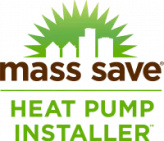 Mass Save Heat Pump Installer logo with green cityscape and sunburst design above the text.