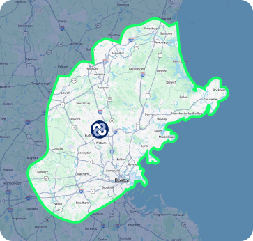 Map highlighting the Greater Boston area and parts of northeastern Massachusetts and southern New Hampshire, with a central marker and a green boundary outline.