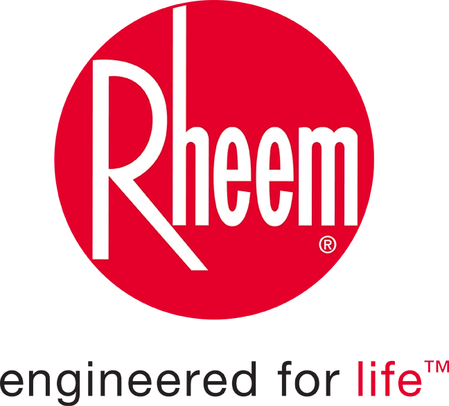Rheem logo with bold white text on a red oval background and dark gray accents.