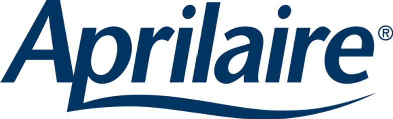 The Aprilaire logo features the brand name in dark blue italicized letters with a curved underline beneath the last part of the word.