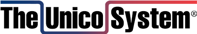 The Unico System logo with black text bordered by a blue line on the left and a red line on the right.