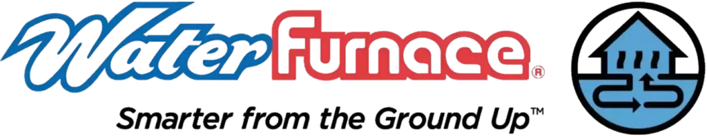 WaterFurnace logo, tagline "Smarter from the Ground Up™", and a circular icon with a blue house and arrows indicating airflow.